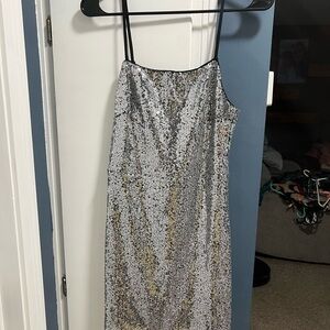 Lulus Silver Sequin Dress with Black Straps